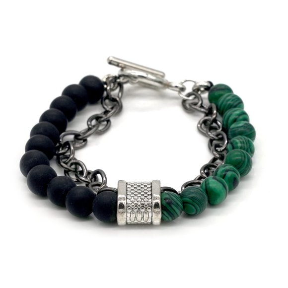 Men's bracelet with lava rock and Malachite stones. Toggle clamp. - Picture 3 of 5